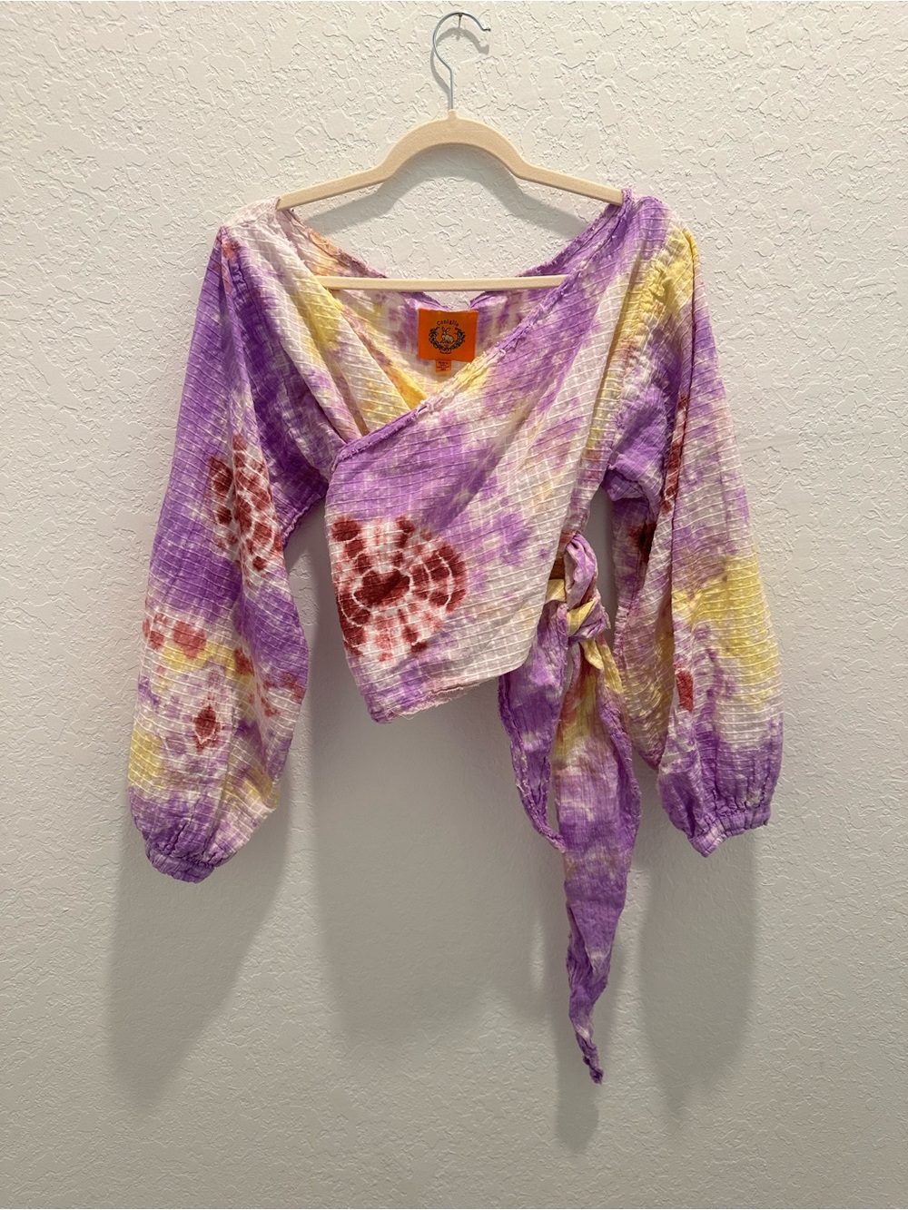 NWOT Coniglio Palm Beach Tie-Dye Wrap Blouse in Purple and Yellow